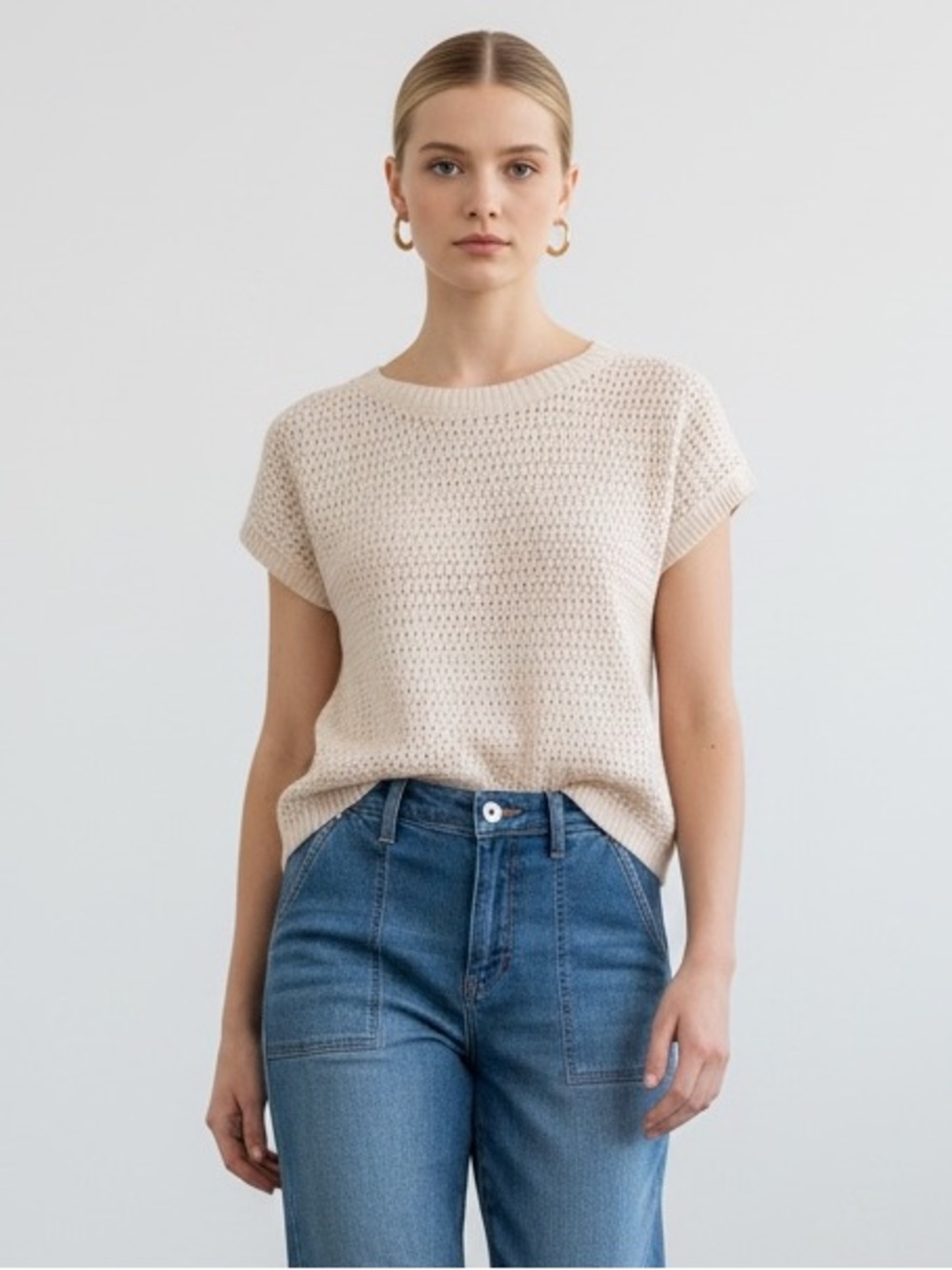 Crewneck Short Sleeve Knit Top in Cream